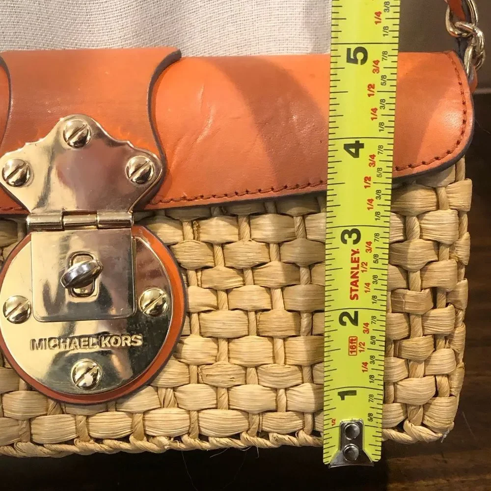 Vintage MICHAEL KORS Rattan Leather Clutch Gold Turn Lock Chain & Leather Strap